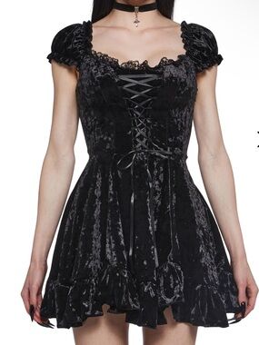 Dolls Kill Black Velvet Lace-Up Mini Dress Sold Out Size